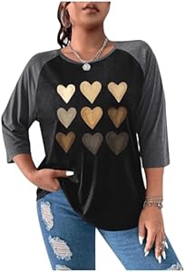 SOLY HUX Women's Plus Size Color Block Heart Print T Shirts 3/4 Sleeve Graphic Tees Tops Soly Hux