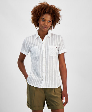Women's Cotton Textured-Stripe Button Shirt Tommy Hilfiger