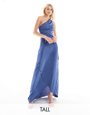 TFNC Tall Bridesmaid Satin one shoulder maxi dress with wrap skirt in aster blue TFNC
