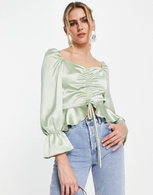 Flounce London ruched front blouse in dusty sage Flounce London