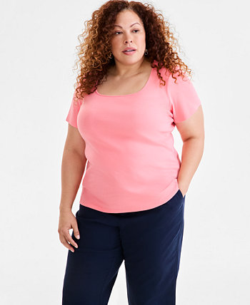 Plus Size Short-Sleeve Square-Neck Tee, Exclusively at Macy's Style & Co