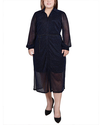 Плиссированное сетчатое платье больших размеров с длинными рукавами и поясом NY Collection