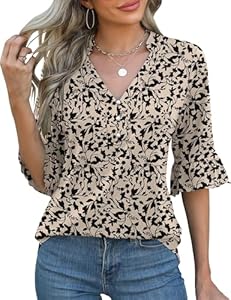 Rapbin Womens 3/4 Length Sleeve Blouses Ruffle Cuffs V Neck Button Down Shirts Dressy Flowy Tunic Tops Rapbin