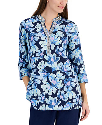 Petite Morning Bloom Print Split-Neck Top, Created for Macy's Charter Club