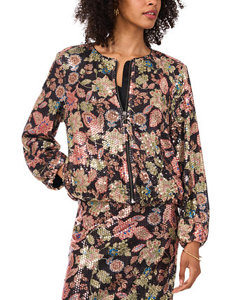 Women's Floral-Print Sequined Zip Jacket Vince Camuto