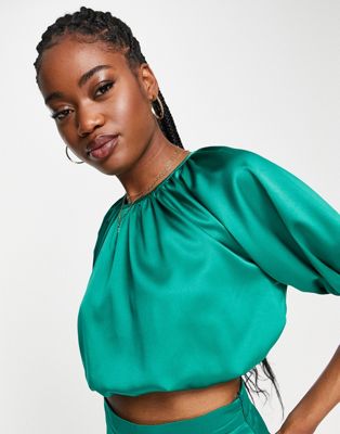 Collective The Label Exclusive puff sleeve crop top in emerald - part of a set Collective The Label