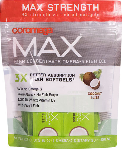 Coromega Max High Concentrate Omega-3 Fish Oil Squeeze Shots Coconut Bliss -- 30 Squeeze Shots Coromega