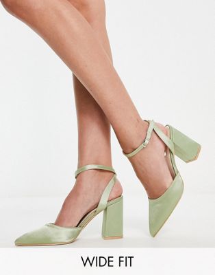 Be Mine Wide Fit Neima block heeled shoes in sage green satin Be Mine Wide Fit