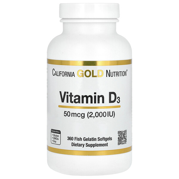 Витамин D3, 50 мкг (2000 МЕ) - 360 мягких капсул из рыбьего желатина - California Gold Nutrition California Gold Nutrition