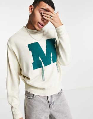 Mennace varsity knitted sweater in off white with green embroidery Mennace
