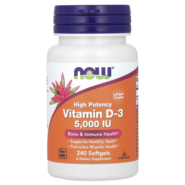 Витамин D-3, 125 мкг (5000 МЕ), 240 мягких таблеток NOW Foods