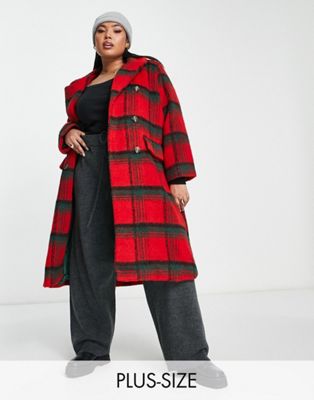 Длинное двубортное пальто в красную клетку QED London Plus QED London