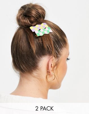 My Accessories London 2-pack wavy hair clips in bright checkerboard mix My Accessories