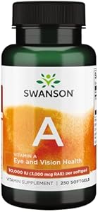 Витамин A 10,000 МЕ (3000 мкг RAE) для здоровья костей, кожи, зрения и иммунной функции - 250 капсул Swanson