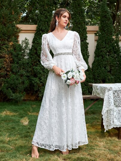 SHEIN Свадебное платье с рукавом "епископ" кружевной без пояса SHEIN