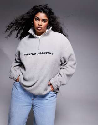 Женская Толстовка ASOS Weekend Collective С половинной Застёжкой из Борг Флиса с Логотипом в Сером Цвете ASOS Weekend Collective