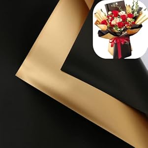 XICHEN 20 Sheets Florist Bouquet Supplies,DIY Crafts,Gift Packaging or Gift Box Packaging, Pearl film and Flow golden two-color Double sided flowers wrapping paper 22.8 * 22.8Inch (Black & Gold) XICHEN