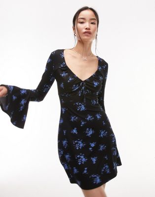 Мини-платье Topshop из синего трикотажа с цветочным принтом TOPSHOP