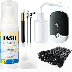 Buqikma Lash Shampoo for Lash Extensions, Mini Lash Fan 2.11Floz Rich Foam Eyelash Shampoo 50 Pcs Eyelash Brush and Rinse Bottle for Eyelash Wash Remover Lash Extension Cleanser for Home Use (Black) Buqikma