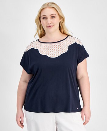 Plus Size Lace-Bib Extended-Sleeve Top Tommy Hilfiger