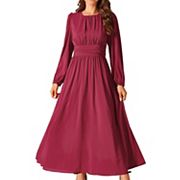 Women's Crewneck Lantern Long Sleeves A-line Pleated Chiffon Maxi Formal Dress Seta T