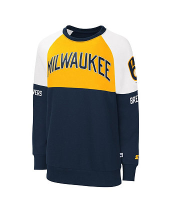 Women's Navy, Gold Milwaukee Brewers Baseline Raglan Pullover Sweatshirt Starter