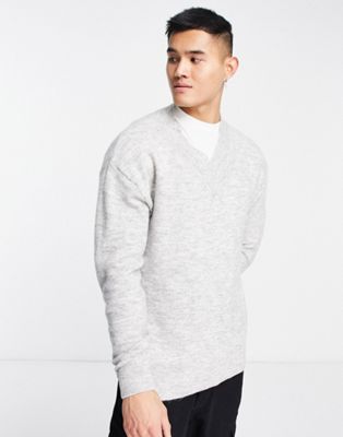 Серый свитер оверсайз из смесовой шерсти с V-образным вырезом Selected Homme Selected