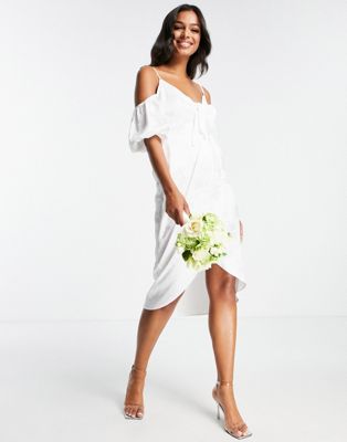 Blume Bridal wrap midi dress with tie front detail in white floral chiffon  Blume Bridal