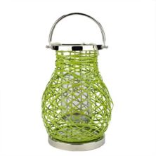 13.5&#34; Modern Green Decorative Woven Iron Pillar Candle Lantern with Glass Hurricane Christmas Central