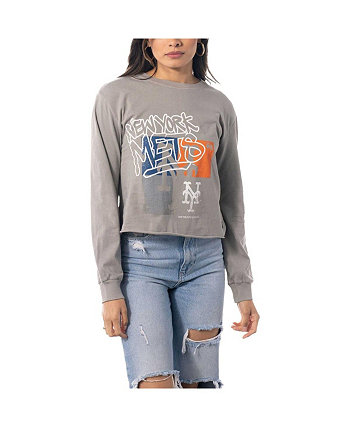 Женская серая укороченная футболка с длинным рукавом New York Mets The Wild Collective
