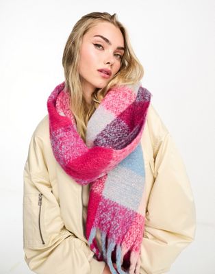 Daisy Street check blanket scarf in pink and blue check Daisy Street