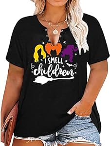 Plus Size Halloween V-Neck T-Shirt Women Sanderson Witch Museum Graphic Tees Hocus Pocus Short Sleeve Shirts Tops QIANRUO