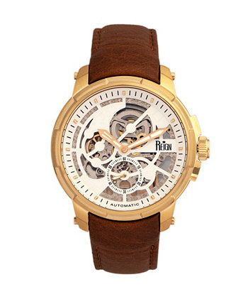 Matheson Automatic Gold Case, часы из натуральной коричневой кожи 45 мм Reign