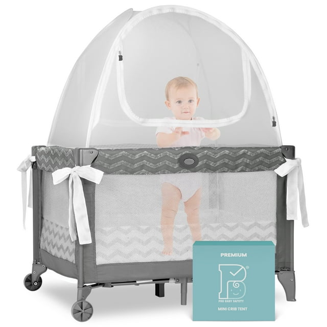 Pro Baby Safety Premium Pack n Play Tent, Mini Crib Tent to Keep Baby from Climbing Out, Auto Pop Up Pack and Play Tent with Auto-Lock Zippers, Thick Velvety Breathable Mesh (Gray Chevron) Pro Baby Safety