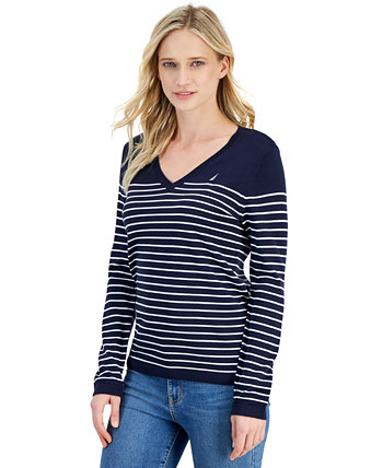 Женский свитер в матовую полоску с v-образным вырезом Nautica Jeans
