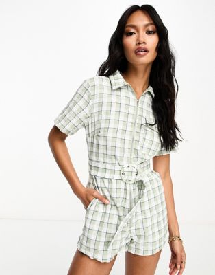 Lola May collared romper with belt in sage check  Lola May
