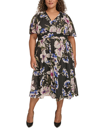 Plus Size Floral-Print Flutter-Sleeve Chiffon Dress Calvin Klein