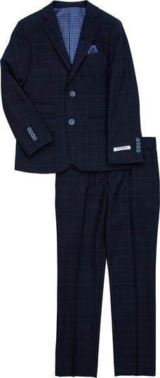 Navy Plaid Two Button Notch Lapel Slim Fit Stretch Suit Isaac Mizrahi New York