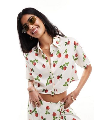 ASOS DESIGN crop satin shirt in strawberry print - part of a set ASOS DESIGN