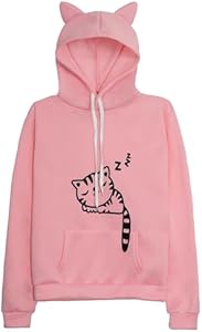 RGOSME Women Teen Girls Cat Hoodie Sweatshirt Cute Cat Ear Sleeping Cat Printed Pullover Sweatshirt RGOSME