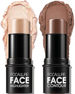 FOCALLURE 2 Pcs Mineral Cream Contour Stick,Moisturize Highlighter and Bronzer Pen,Non Stick Face Brightens & Shades Pencil,Long Lasting & Smooth Gliding Face Illuminator Makeup,Deep FOCALLURE