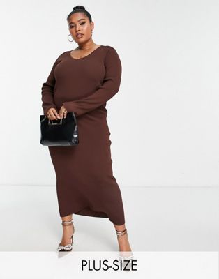 Pretty Lavish Curve long sleeve knit midi dress in chocolate brown Pretty Lavish Curve