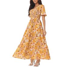 Women's Summer Floral Short Flutter Sleeve V Neck Smocked High Waist Flowy Maxi Dress With Pockets Seta T