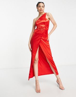 Красное платье макси из силового атласа на одно плечо Femme Luxe Femme Luxe