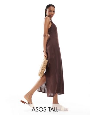 ASOS DESIGN Tall square neck tie back linen mix midi sundress in chocolate ASOS Tall