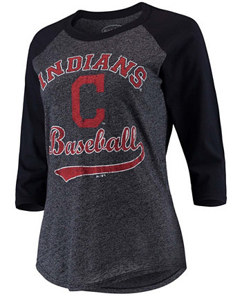 Женская футболка Cleveland Indians Team Baseball с рукавами реглан и три четверти рукавами реглан темно-синего цвета Majestic