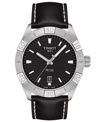 Мужские часы Swiss PR 100 Sport с черным кожаным ремешком, 42 мм Tissot