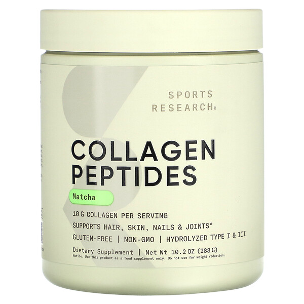Collagen Peptides, Hydrolyzed Type I & III, Green Tea Matcha, 10,16 унций (288 г) Sports Research