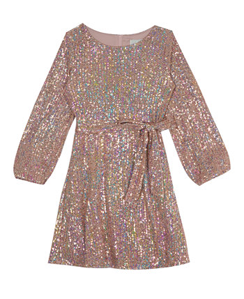 Big Girls Sequin Knit Long Sleeve Dress with Sash Rare Editions
