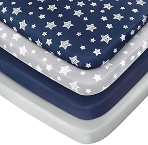 Pack and Play Sheets Boys, 4 Pack Mini Crib Sheets, Stretchy Pack and Play Playard Fitted Sheet, Compatible with Graco Pack n Play, Soft and Breathable Material, Navy Moonsea